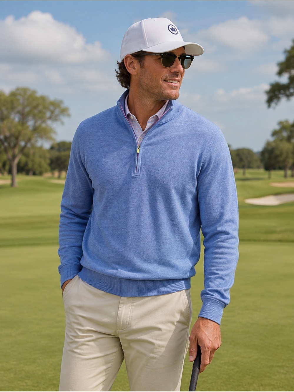 Peter Millar Crown Men’s Comfort Quarter Zip Pullover -cottage blue/pink MED